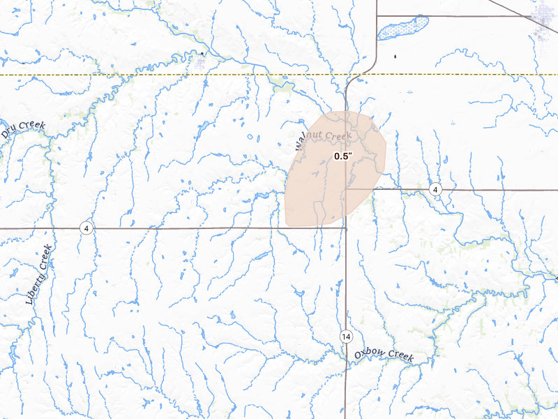 Radar-estimated hail-size map of the storm over Nelson, NE on Aug 15, 2026