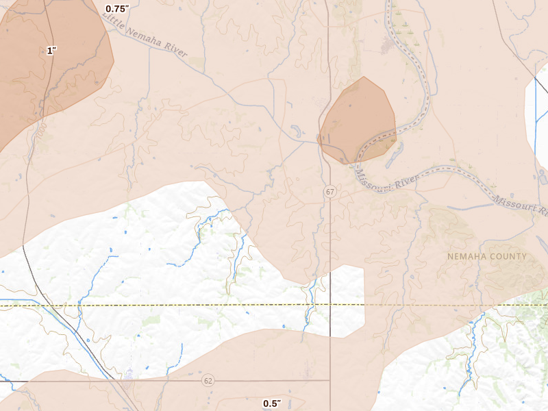Radar-estimated hail-size map of the storm over Nemaha, NE on Apr 23, 2026