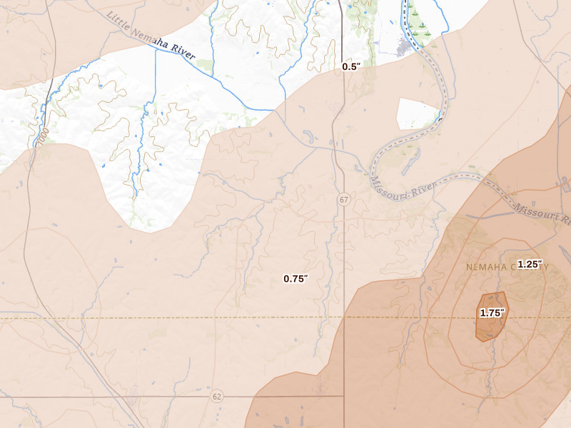 Radar-estimated hail-size map of the storm over Nemaha, NE on May 18, 2026