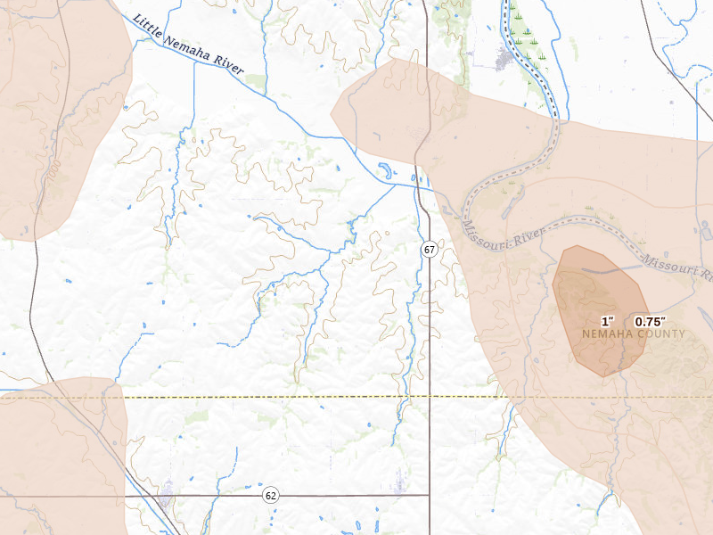 Radar-estimated hail-size map of the storm over Nemaha, NE on Jul 3, 2026