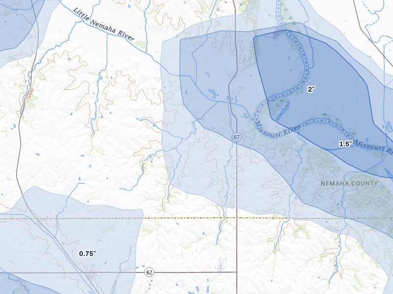 NEXRAD radar-signature map of the hail storm over Nemaha, NE on Jul 3, 2026