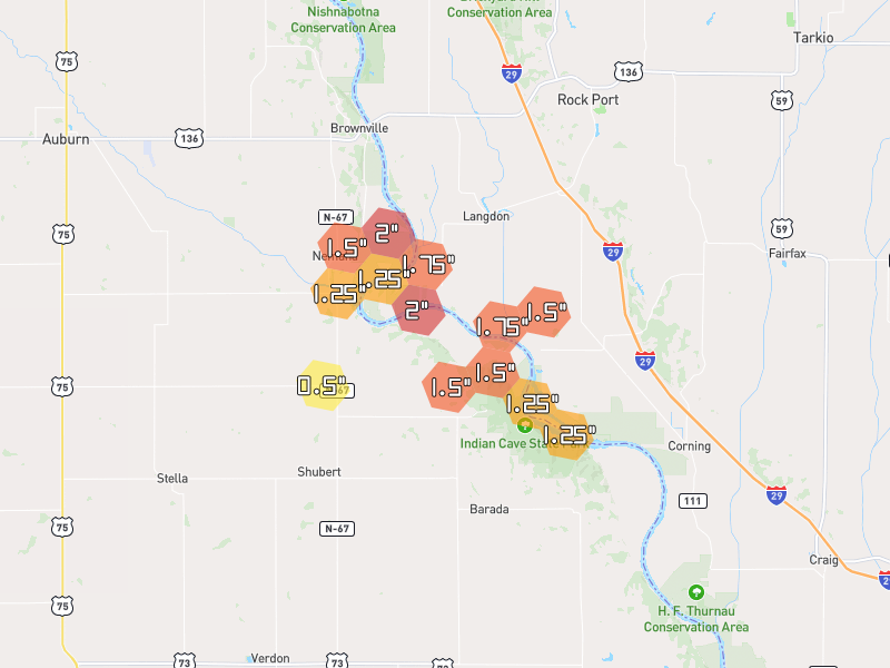 Hail map of Nemaha, NE on Jul 4, 2026, hail up to 2"