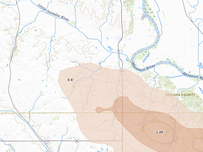 Radar-estimated hail-size map of the storm over Nemaha, NE on Aug 9, 2026