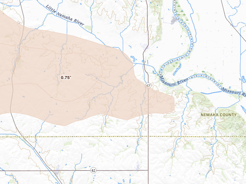 Radar-estimated hail-size map of the storm over Nemaha, NE on Aug 19, 2026