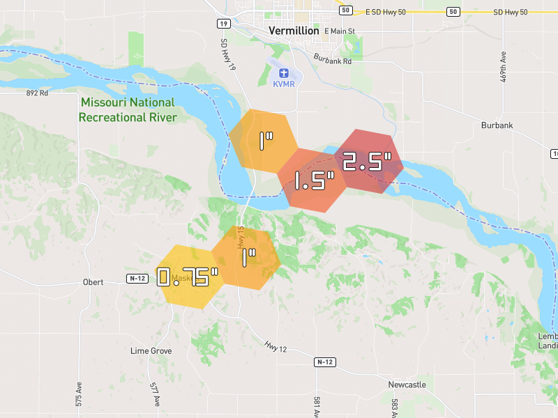Hail map of Newcastle, NE on Jun 1, 2026, hail up to 2.5"