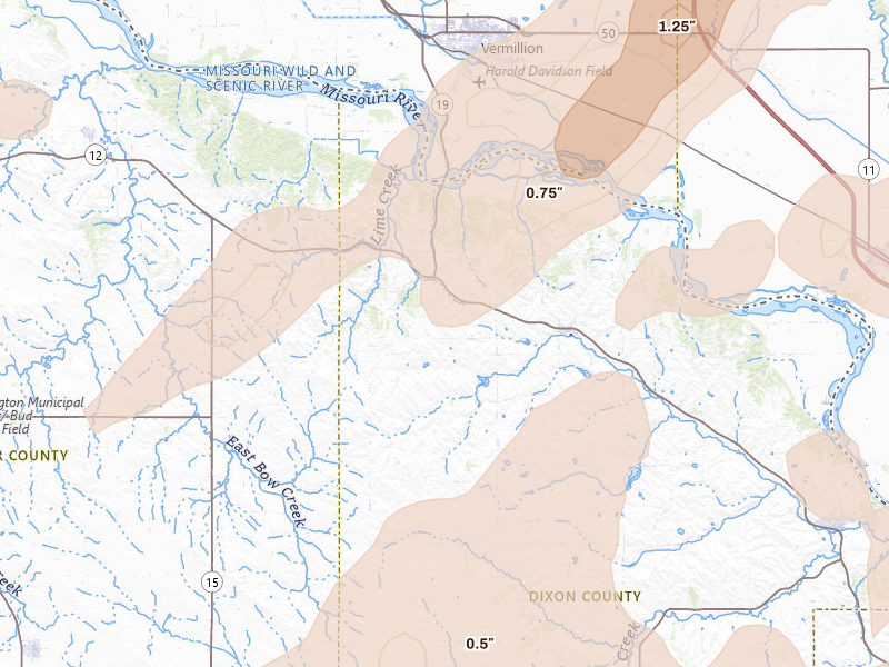 Radar-estimated hail-size map of the storm over Newcastle, NE on Jun 29, 2026