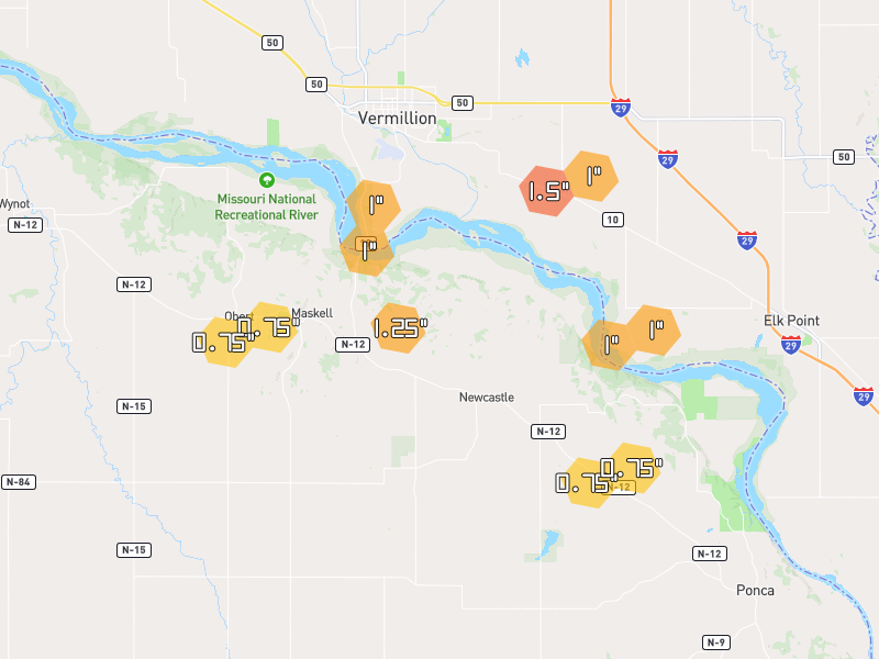 Hail map of Newcastle, NE on Jun 30, 2026, hail up to 1.5"