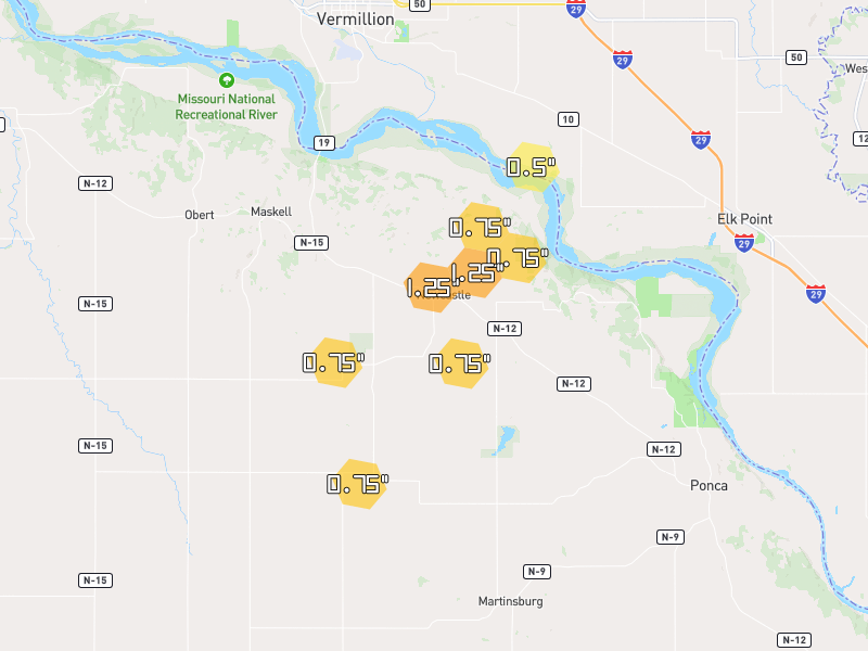 Hail map of Newcastle, NE on Jul 1, 2026, hail up to 1.25"