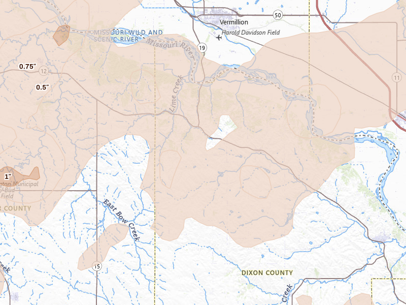 Radar-estimated hail-size map of the storm over Newcastle, NE on Jul 2, 2026