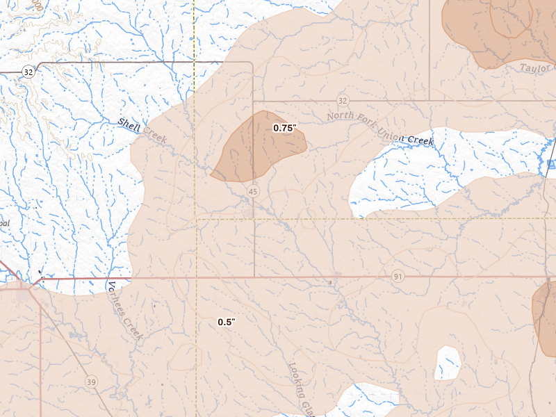 Radar-estimated hail-size map of the storm over Newman Grove, NE on May 17, 2026