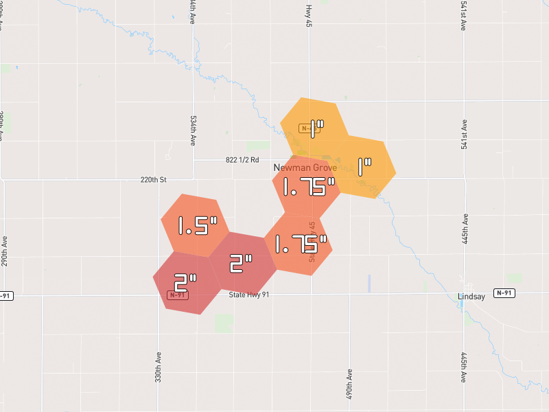 Hail map of Newman Grove, NE on Jun 30, 2026, hail up to 2"