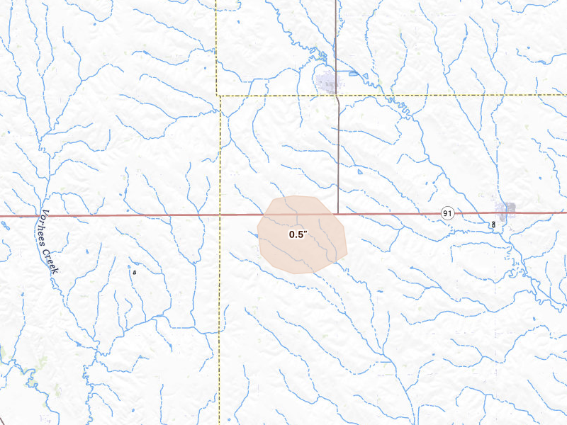 Radar-estimated hail-size map of the storm over Newman Grove, NE on Aug 23, 2026
