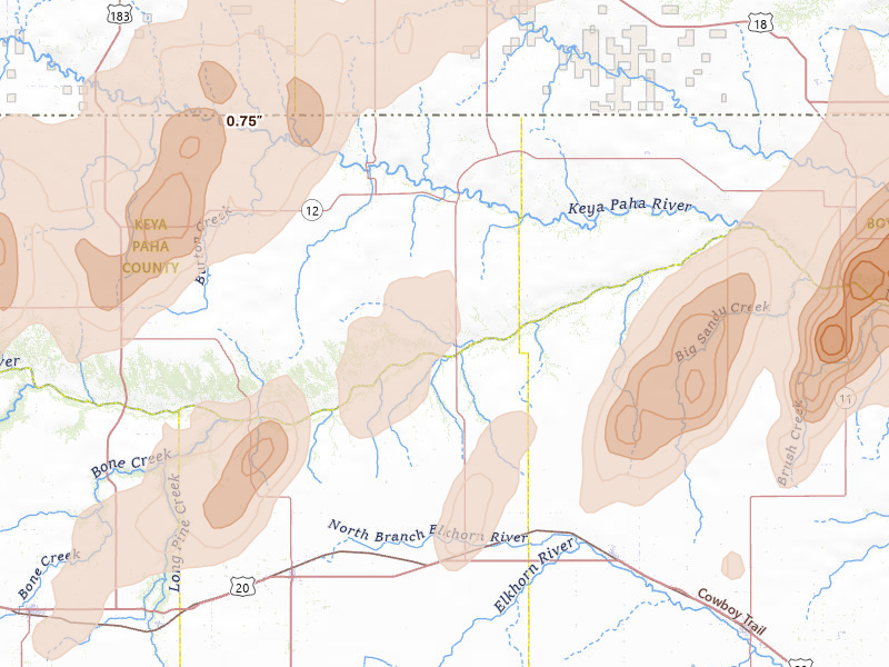Radar-estimated hail-size map of the storm over Newport, NE on May 17, 2026