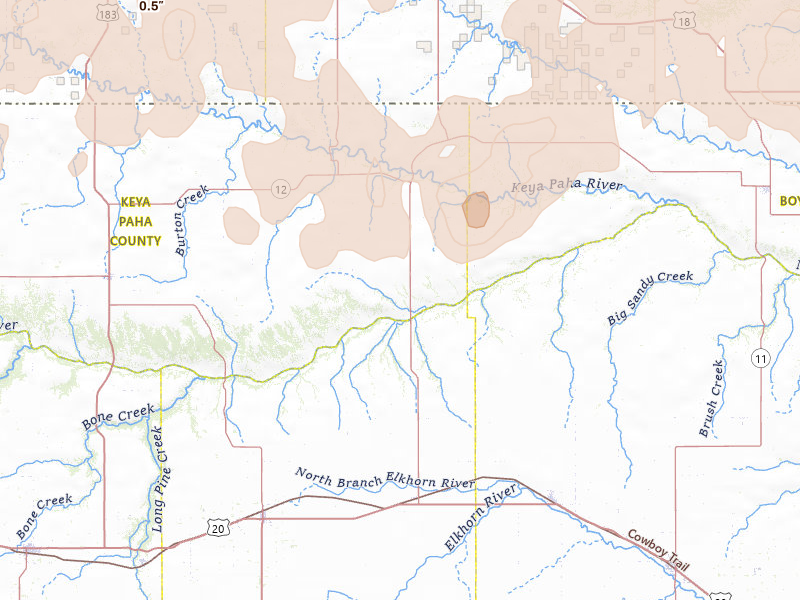 Radar-estimated hail-size map of the storm over Newport, NE on Jun 27, 2026