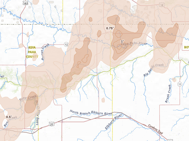 Radar-estimated hail-size map of the storm over Newport, NE on Jun 30, 2026