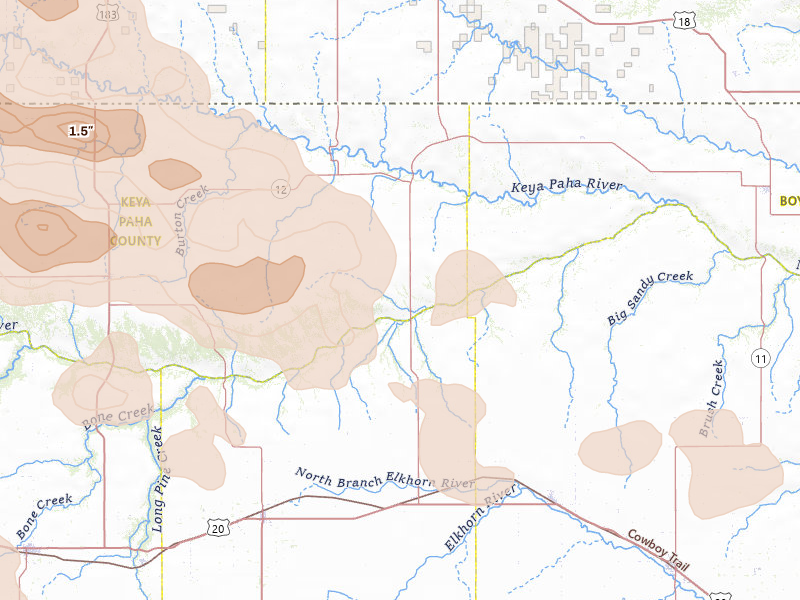 Radar-estimated hail-size map of the storm over Newport, NE on Aug 11, 2026