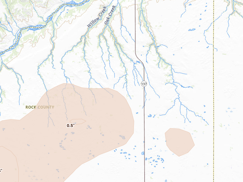 Radar-estimated hail-size map of the storm over Newport, NE on Aug 17, 2026