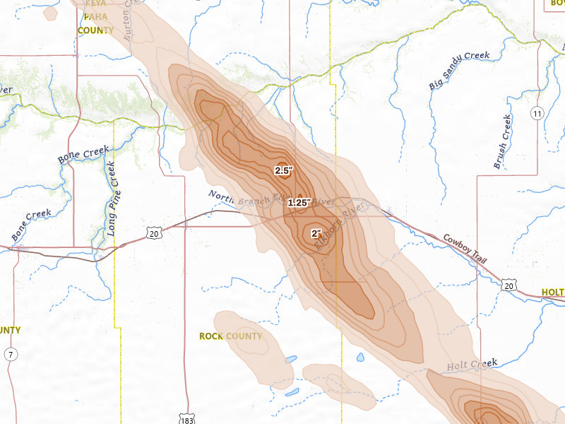 Radar-estimated hail-size map of the storm over Newport, NE on Aug 19, 2026