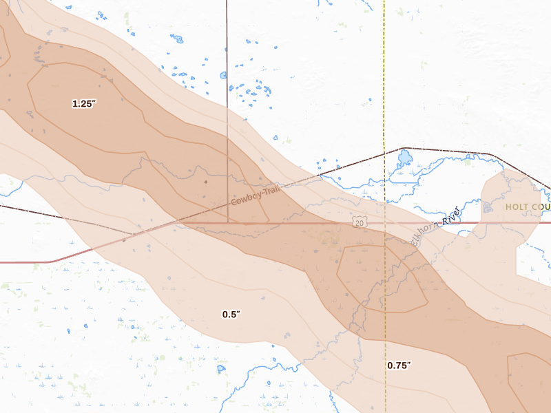 Radar-estimated hail-size map of the storm over Newport, NE on Aug 21, 2026
