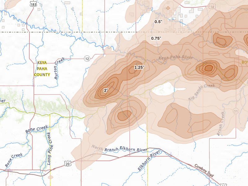 Radar-estimated hail-size map of the storm over Newport, NE on Sep 1, 2026