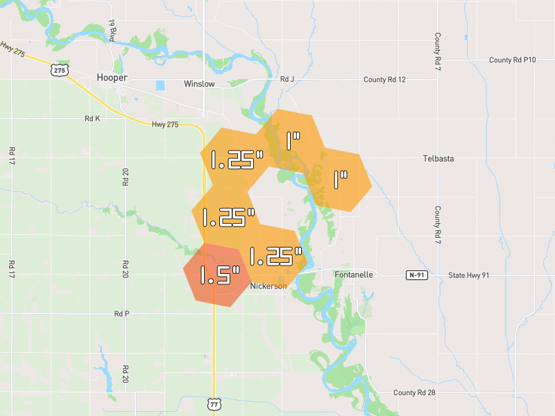 Hail map of Nickerson, NE on Jul 2, 2026, hail up to 1.5"