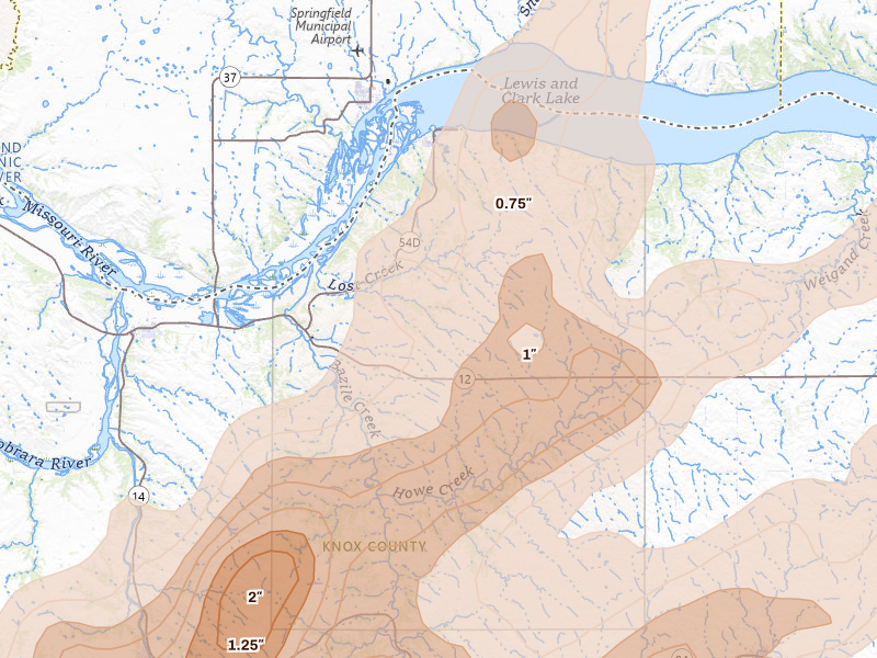 Radar-estimated hail-size map of the storm over Niobrara, NE on Jun 29, 2026