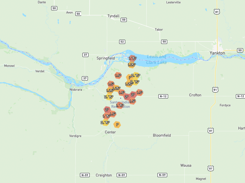 Hail map of Niobrara, NE on Jun 30, 2026, hail up to 2"