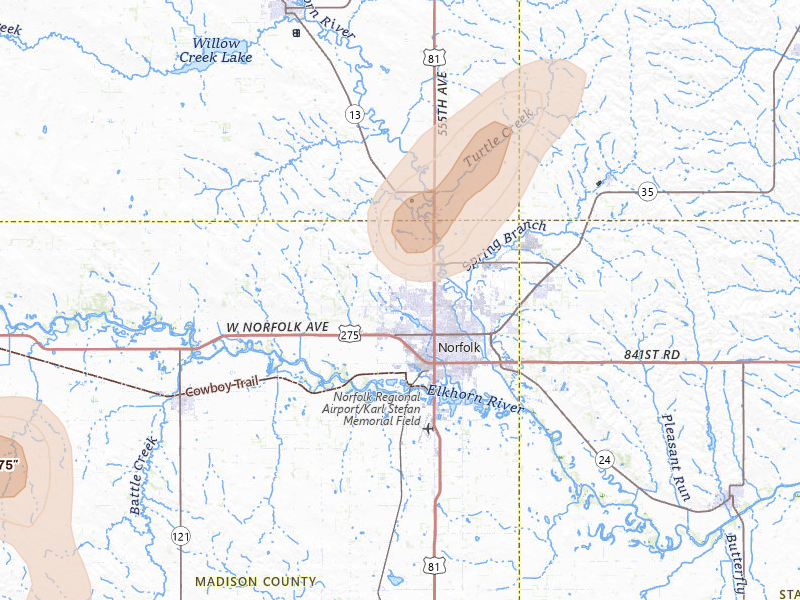 Radar-estimated hail-size map of the storm over Norfolk, NE on May 16, 2026