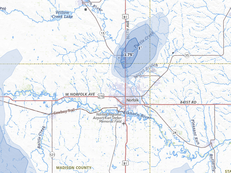 NEXRAD radar-signature map of the hail storm over Norfolk, NE on May 16, 2026