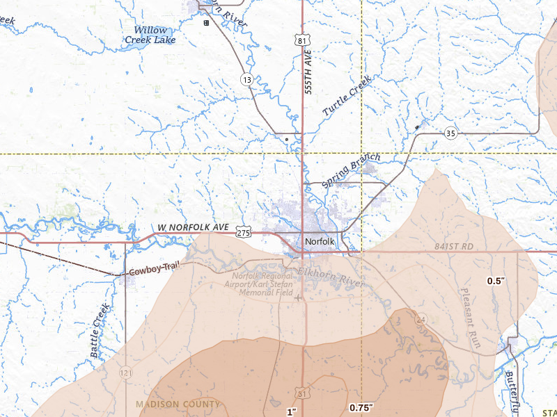 Radar-estimated hail-size map of the storm over Norfolk, NE on May 17, 2026