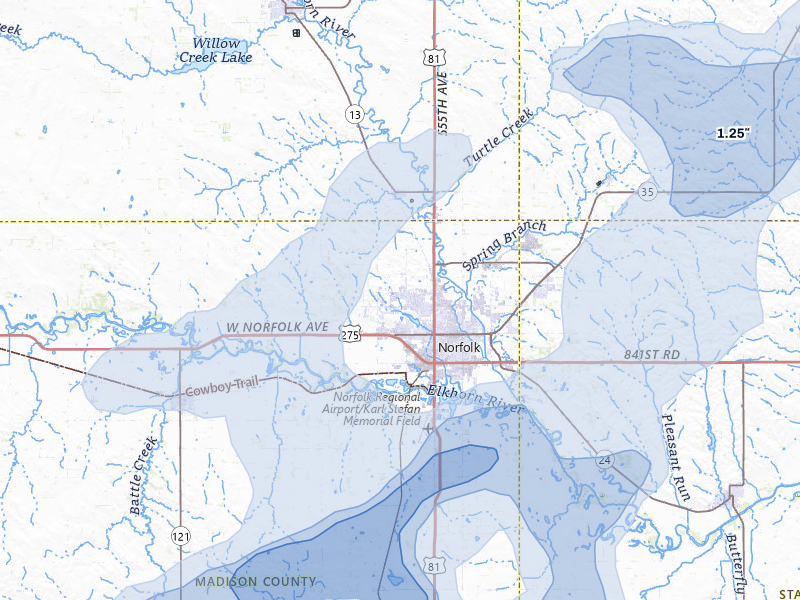 NEXRAD radar-signature map of the hail storm over Norfolk, NE on May 17, 2026
