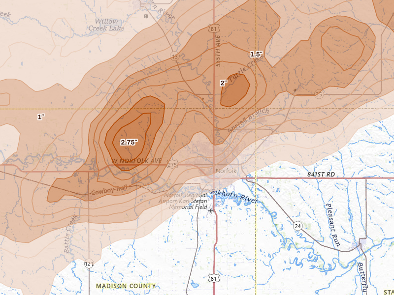 Radar-estimated hail-size map of the storm over Norfolk, NE on Jun 29, 2026