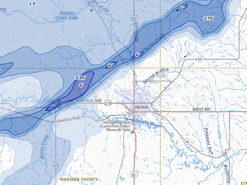 NEXRAD radar-signature map of the hail storm over Norfolk, NE on Jun 29, 2026