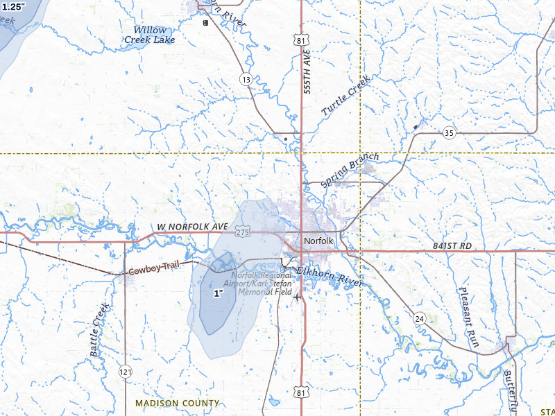 NEXRAD radar-signature map of the hail storm over Norfolk, NE on Jun 30, 2026