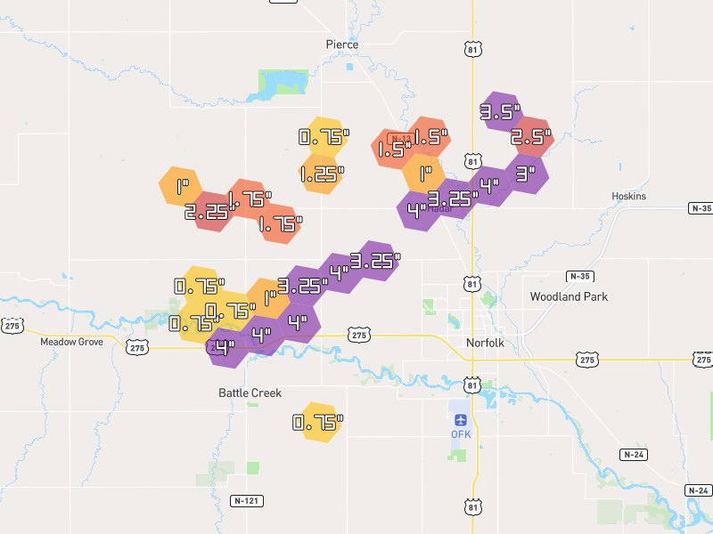 Hail map of Norfolk, NE on Jun 30, 2026, hail up to 4"