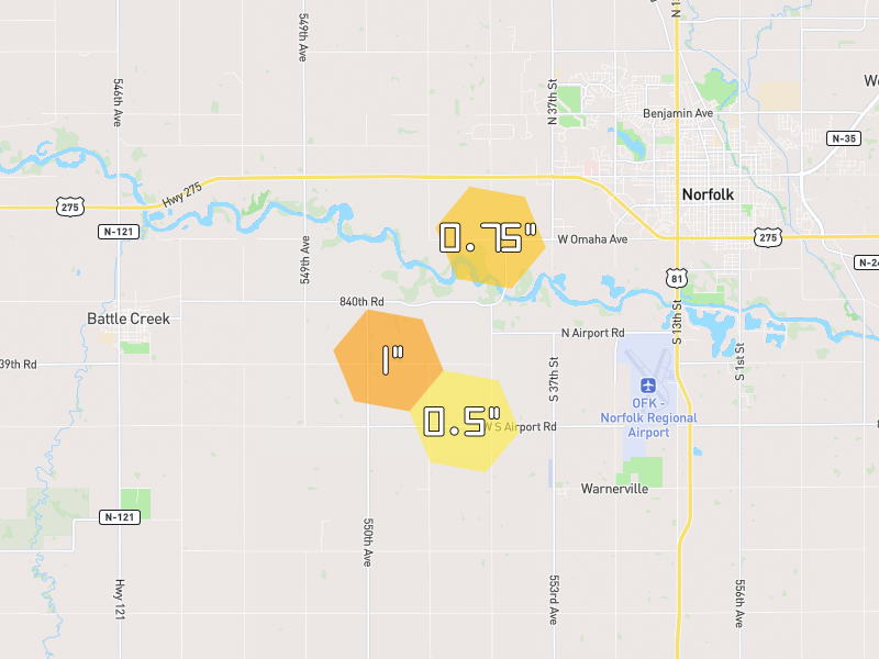 Hail map of Norfolk, NE on Jul 1, 2026, hail up to 1"
