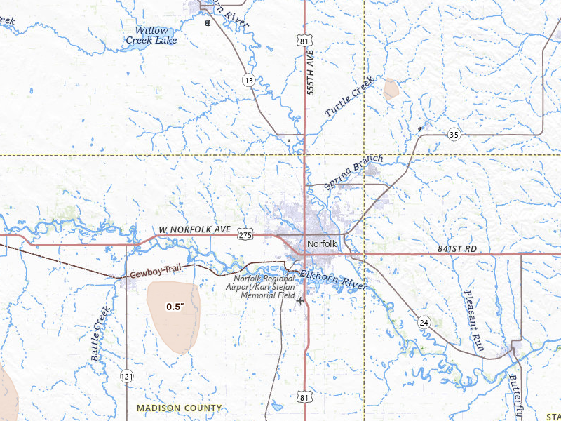 Radar-estimated hail-size map of the storm over Norfolk, NE on Jul 30, 2026