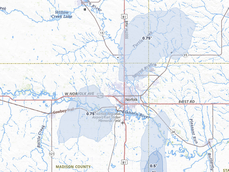NEXRAD radar-signature map of the hail storm over Norfolk, NE on Jul 30, 2026