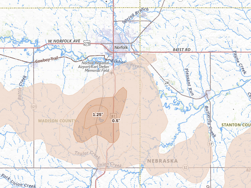 Radar-estimated hail-size map of the storm over Norfolk, NE on Aug 12, 2026