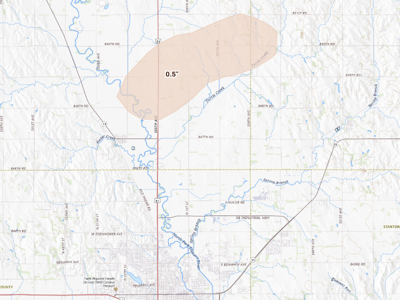Radar-estimated hail-size map of the storm over Norfolk, NE