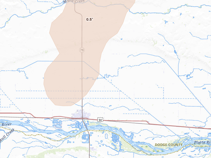 Radar-estimated hail-size map of the storm over North Bend, NE on May 17, 2026