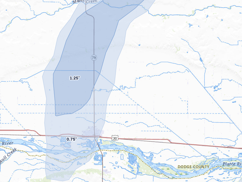 NEXRAD radar-signature map of the hail storm over North Bend, NE on May 17, 2026