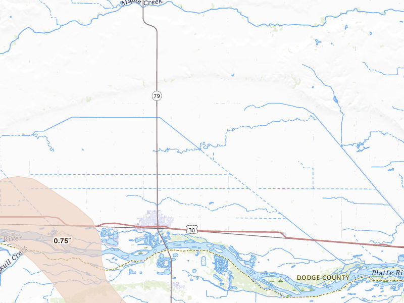 Radar-estimated hail-size map of the storm over North Bend, NE on Jul 4, 2026