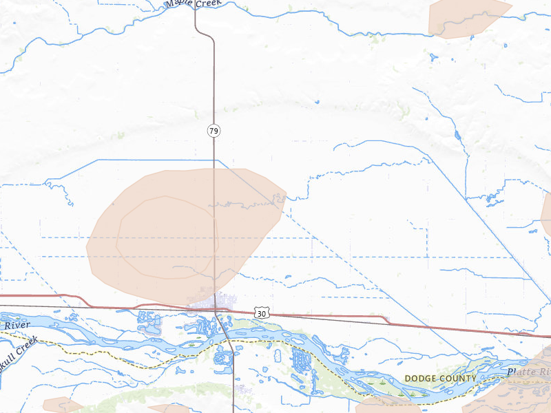Radar-estimated hail-size map of the storm over North Bend, NE on Jul 8, 2026