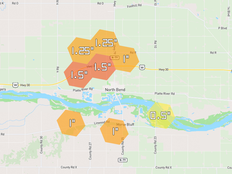Hail map of North Bend, NE on Jul 9, 2026, hail up to 1.5"