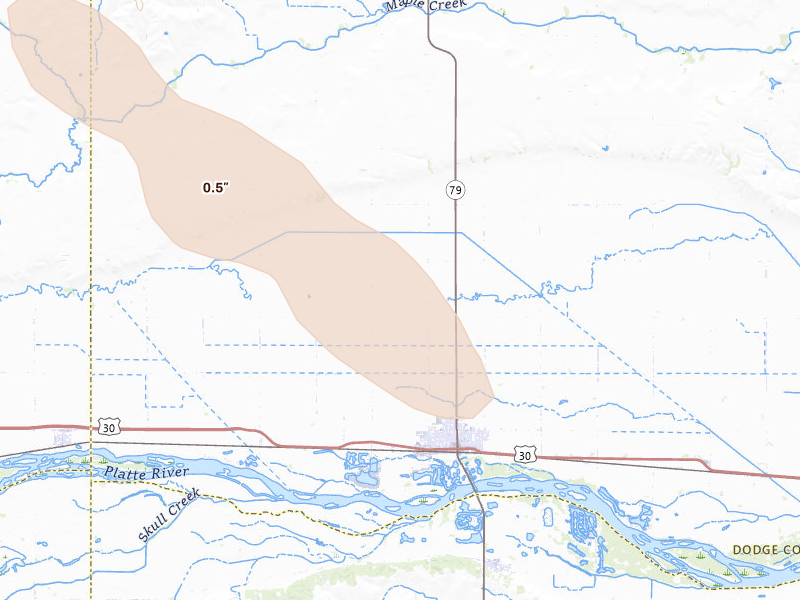 Radar-estimated hail-size map of the storm over North Bend, NE on Aug 8, 2026