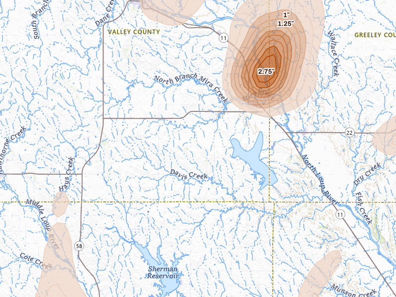 Radar-estimated hail-size map of the storm over North Loup, NE on May 16, 2026