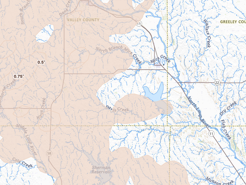 Radar-estimated hail-size map of the storm over North Loup, NE on Jun 20, 2026