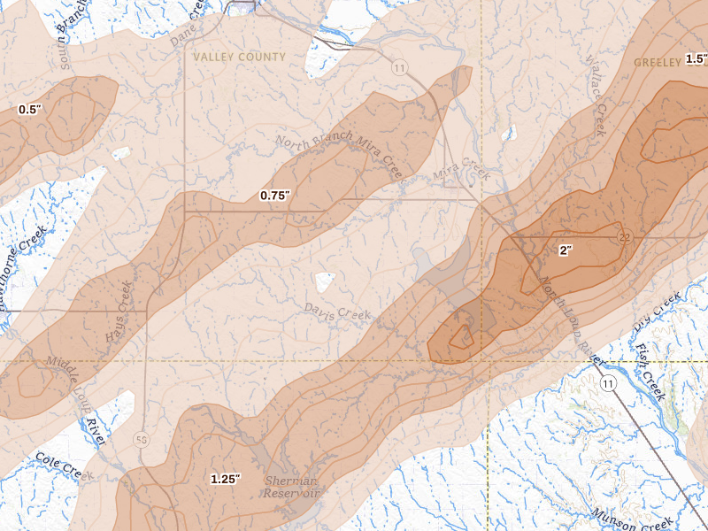 Radar-estimated hail-size map of the storm over North Loup, NE on Jun 29, 2026