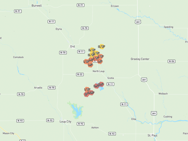 Hail map of North Loup, NE on Jun 30, 2026, hail up to 2.5"